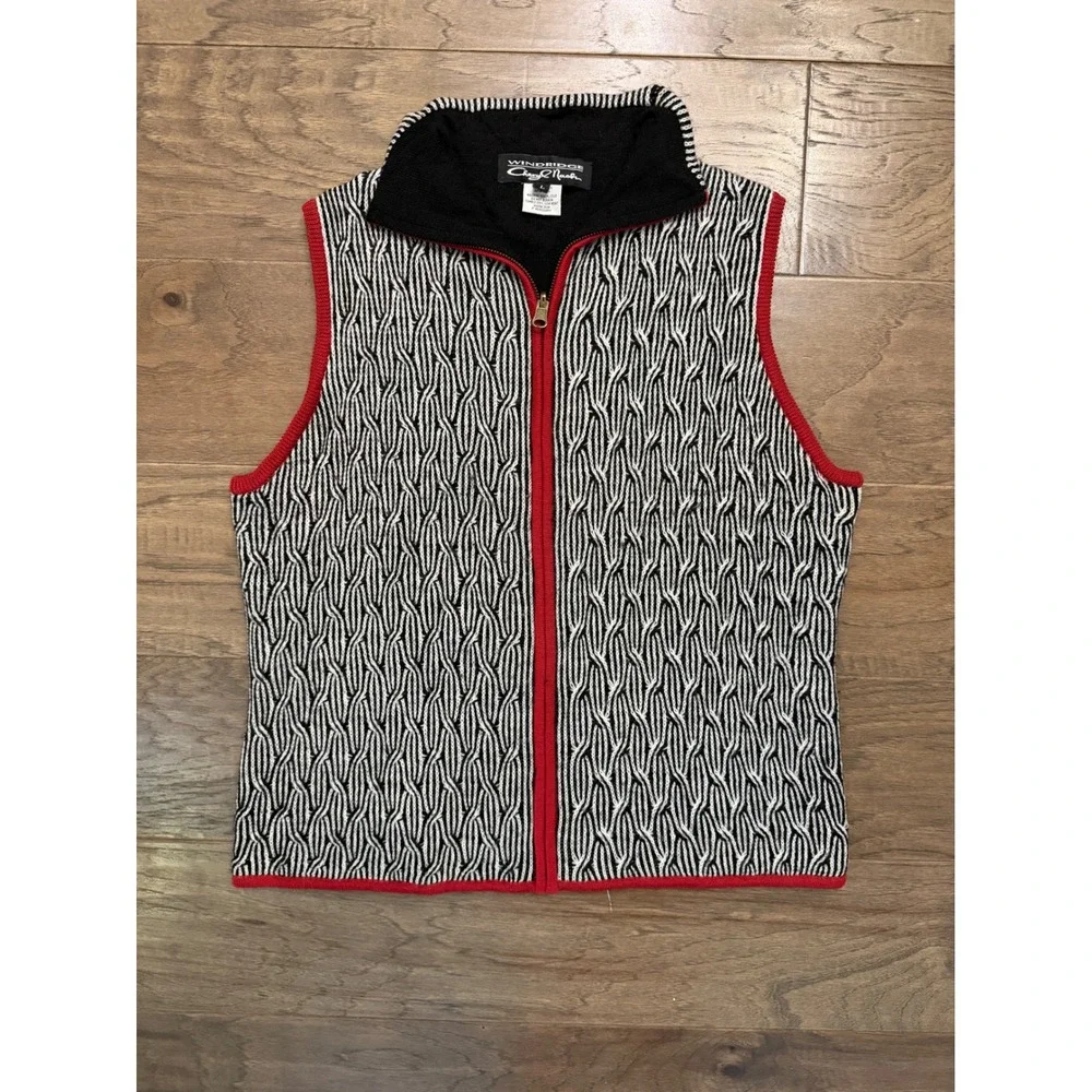 Windridge Cheryl Nash Sweater Vest Womens L Black White Wool Blend Zip Up Vest